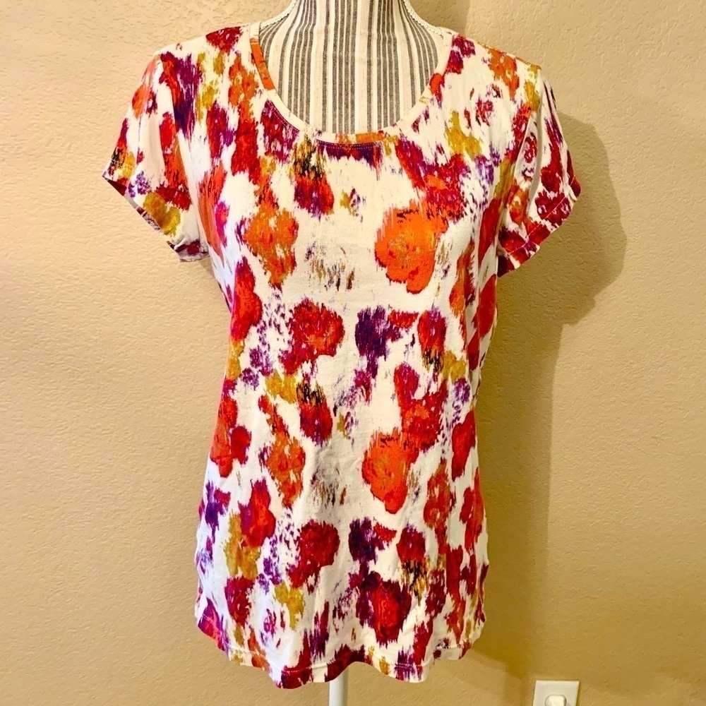 Daisy Fuentes Top Large Cream Orange Purple Gold Abstract Floral Cotton